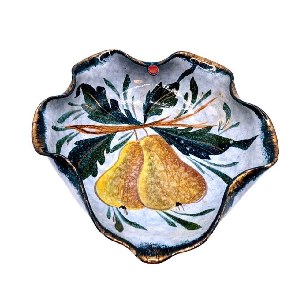 Vintage Hand-Painted Leaf Shape w Pears and Gold Majolica Serving Dish  ITALY